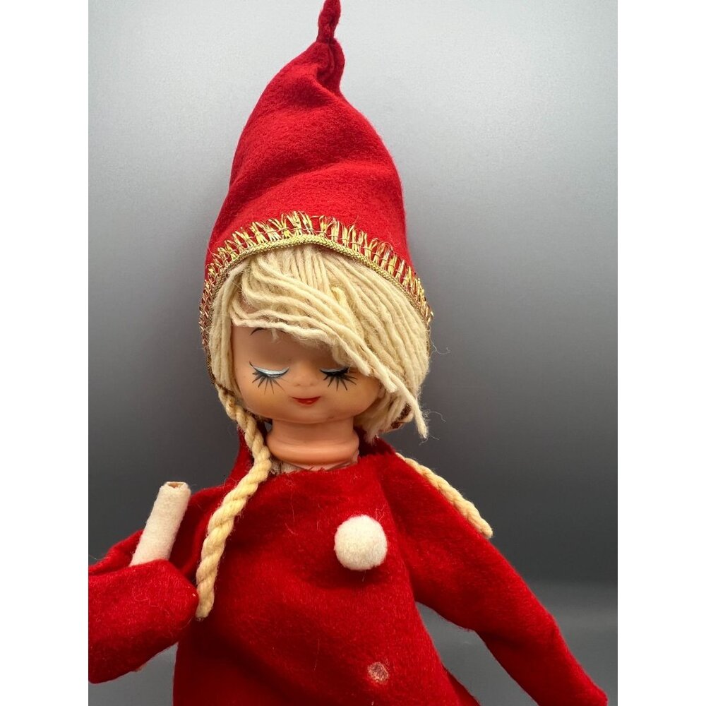 Vintage Scandinavian Christmas Elf Doll With Red Felt Hat & Striped Pants Kitsch